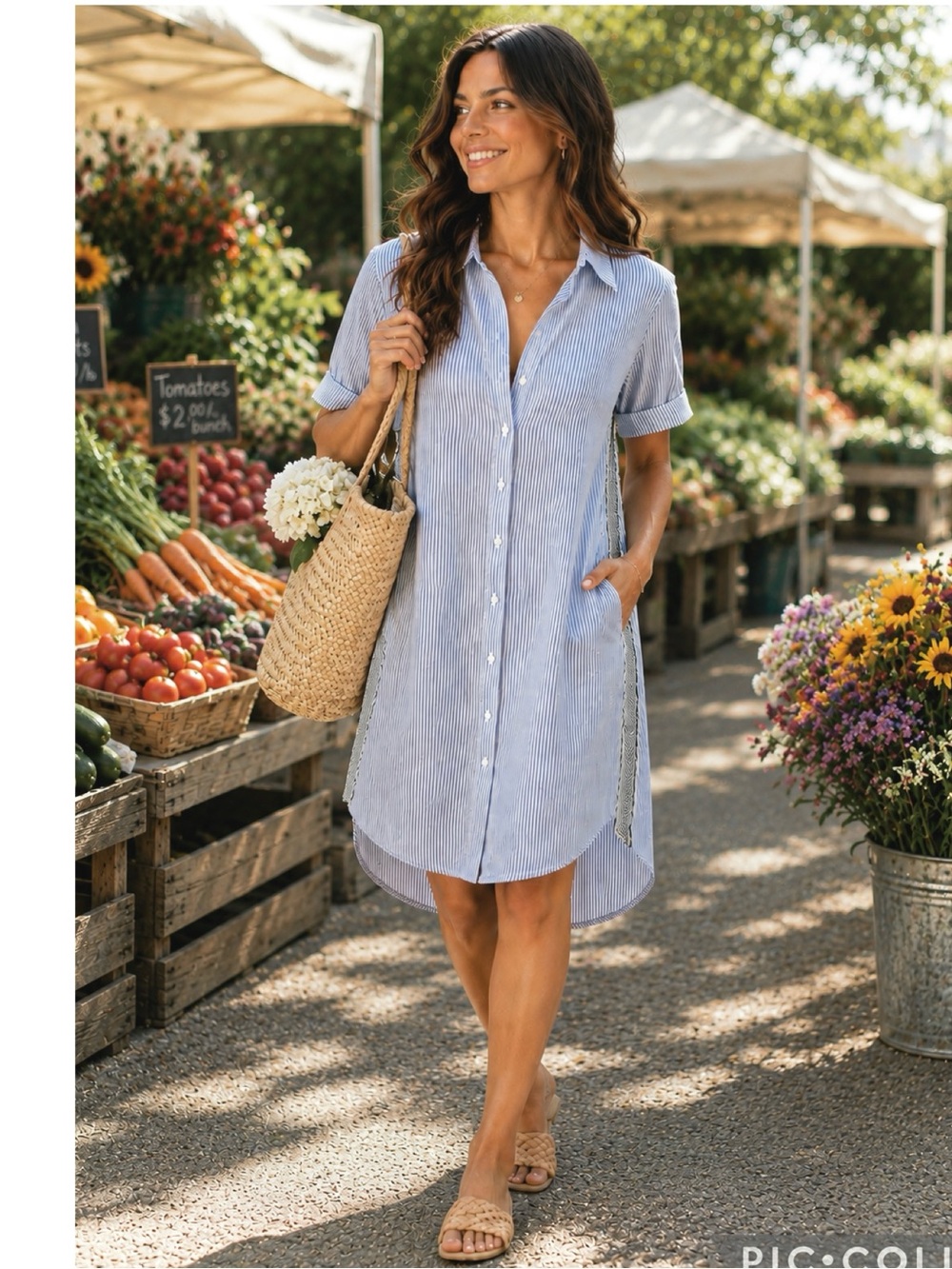 Marisa & Marie Linen Shirt Dress Blue Stripe High Low Hem Chevron Side Trim Med